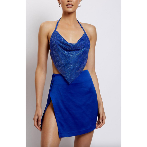 *NWT* Meshki Cobalt Blue Asymmetrical Mini Satin Wrap Skirt Size S - Picture 1 of 8
